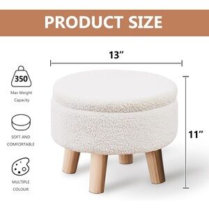 Soft White Round Ottoman with Wooden Legs